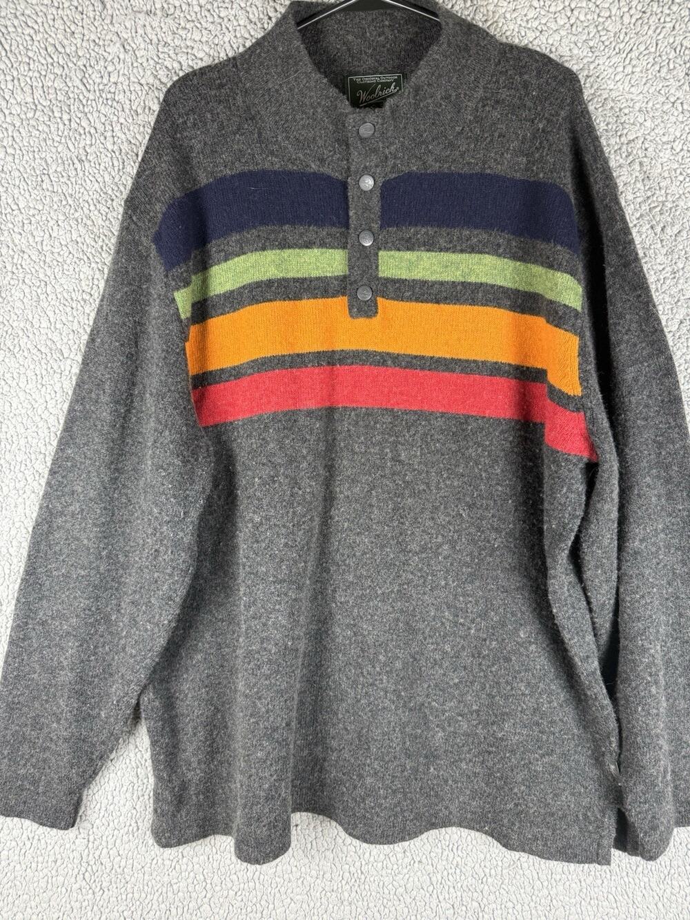 WoolRich Lambswool Half Snap Blanket Stripe Sweater Men’s XXL Gray Striped
